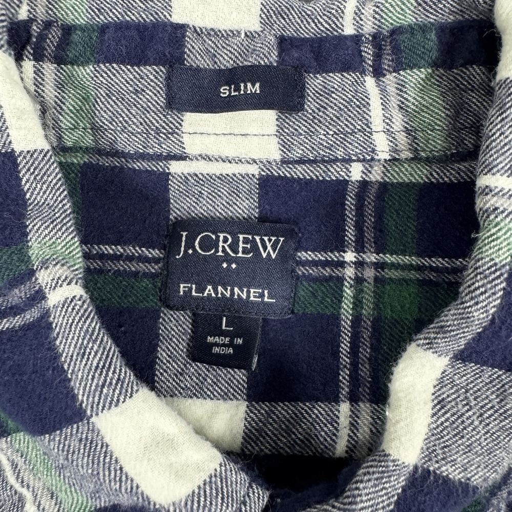 J Crew Flannel Shirt Mens Large Slim Fit Navy Green Plaid Cotton Button Up - Picture 2 of 8